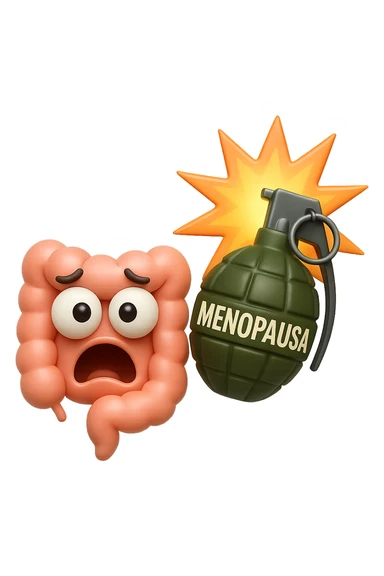 EMOJI STILE IPHONE 3D DI INTESTINO 3D CON ESPRESSIONE SPAVENTATA IN VOLTO MENTRE ACCANTO A LUI SCOPPIA UNA GRANATA 3D CON LA SCRITTA "MENOPAUSA" SOPRA, FAGLI ANCHE LA PARTE BIANCA DEGLI OCCHI, NON SOLO LA PUPILLA sticker