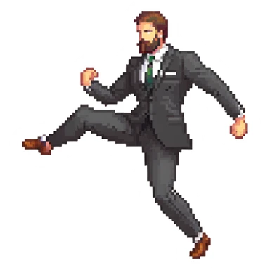 bearded man in a black suit, side kick pose sticker