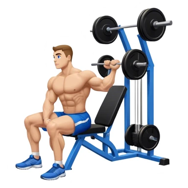 side-view bodybuilder in blue shorts seated weighted calf-raise machine on his tip toes sticker