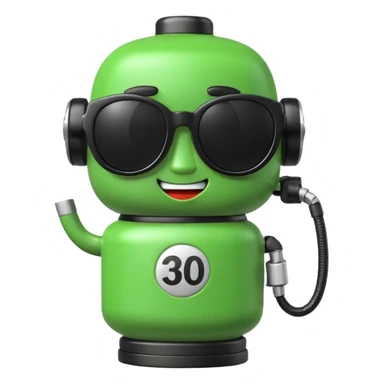 A cute 3D icon of a green gas pump character wearing oversized black sunglasses. Round and chubby proportions, glossy toy-like texture, soft pastel lighting, friendly expression, smooth edges, high-quality render, isolated on a transparent background. sticker