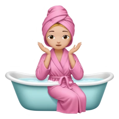 A woman sitting on the edge of a bathtub, wearing a pink bathrobe and towel on her head, one hand on her shoulders and eyes closed  sticker