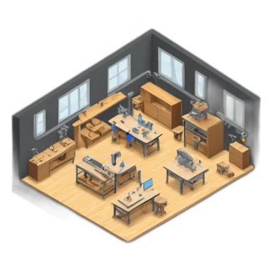 isometric square solid outline border containing indoor creative workshop factory woodworking metalworking people actively working cnc machine tools simple clean industrial brutalist sticker