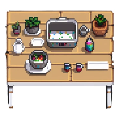 rectangle kitchen table with white legs and light wood top in pixel art style sticker