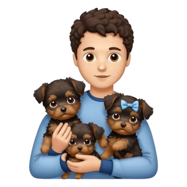 young man with dark brown curly hair, deep set eyes with two Yorkie puppies sticker