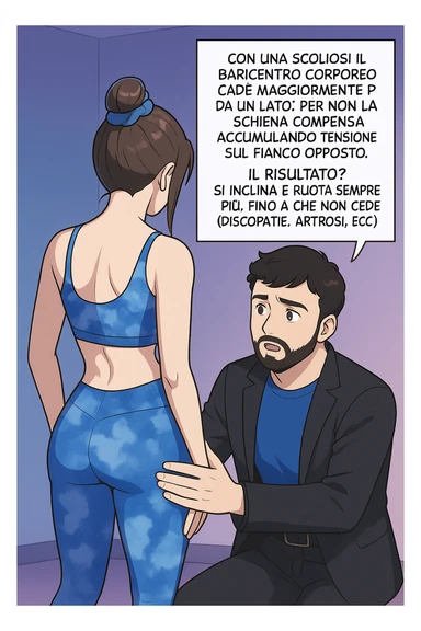 fai questa immagine in versione manga/webtoon a colori, il manga mostra la donna di spalle, mentre l'uomo le tocca la spina dorsale per spiegarle come funziona la scoliosi:
Con una scoliosi il baricentro corporeo cade maggiormente da un lato; per non cadere la schiena compensa accumulando tensione sul fianco opposto.
Il risultato? Si inclina e ruota sempre più, fino a che non cede (discopatie, artrosi, ecc) sticker