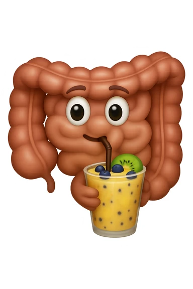 EMOJI STILE IPHONE DI un intestino umano anatomico che beve un frullato di mirtilli, ananas, kiwi, fagli anche la parte bianca degli occhi, non solo le pupille, REALISTICo 4K sticker
