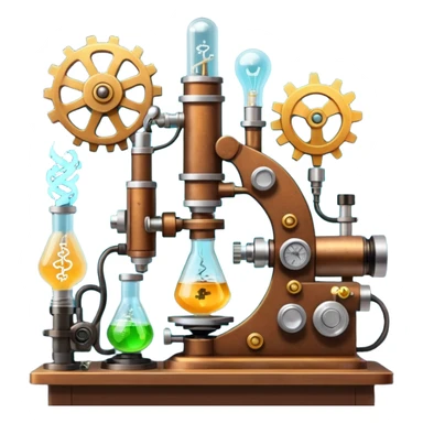 science, chemicals, mechanical gears, steampunk, electronics, electric wires, light bulbs, resistors, ic, physics, microscope, nuclear model, radioactivity sticker