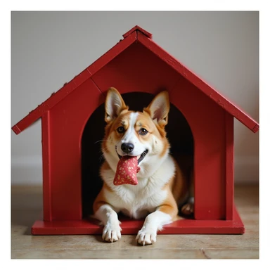 realistic red dog house with a Corgi dog inside, Corgi with a squeaky toy, photorealistic style sticker