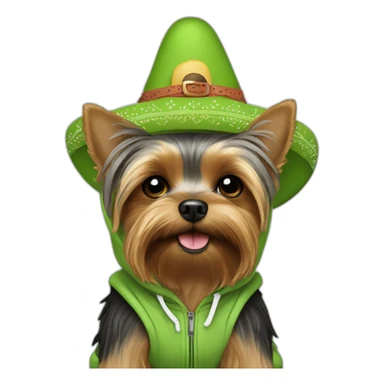 yorkie wearing avocado sombrero and green baha hoodie sticker