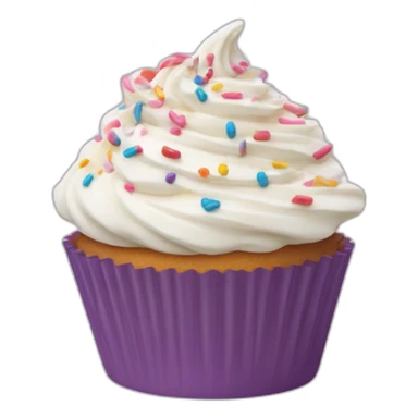 Individual cupcake in a liner topped with a swirl of frosting and sprinkles sticker