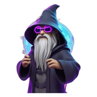 Gandalf wearing a black hoodie with "OMG" letters on it and VR headset in a cyberpunk VR environment with violet neon lighting. sticker
