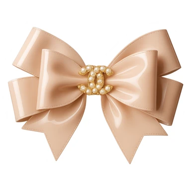 Add a solid black background behind the elegant bow with pearls and gold Chanel logo, glossy, pastel colors, realistic style with soft reflections and highlights on the bow and pearls. sticker