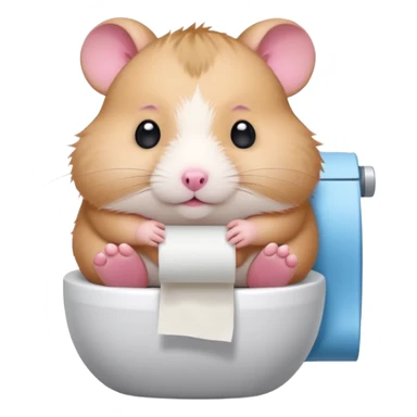 Cute chubby cartoon-style hamster sitting on toilet holding toilet paper looking as if he had an accident, sticker-style illustration sticker