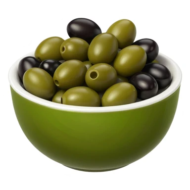 olives object icon, black and green olives in a small bowl, glossy look, 3D cartoon, mobile game icon style, clean background, no text, no watermark
 sticker