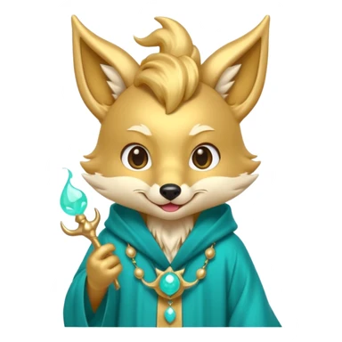 Cute chibi teal fox-dragon emoji with small antler horns, playful face with tongue out, swirl eyebrows, gold forehead mark, teal-gold robe, holding glowing blue orbs, soft pastel vector style. sticker