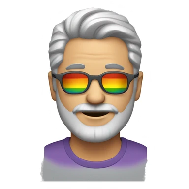 Gay British Man with grey hair and grey beard and with shades and earring with rainbow tshirt  sticker