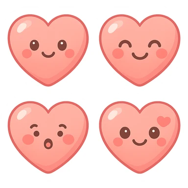 A series of illustrations heart in a kawaii emoji style, with detailed shading and highlights, thin clean outlines, soft and rounded features. Pastel color palette using  #FE655F, #F4A6A6,#FECDC9 The style is inspired by modern Japanese pop art and sticker aesthetics. Highly detailed, vector clarity, soft lighting and subtle shadows. Transparent background without background. sticker