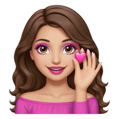 girl with long wavy brown hair, brown eyes, long lashes makeup, sexy pink lips, light to medium complexion, pink sexy top, smiling, hand covering eyes sticker