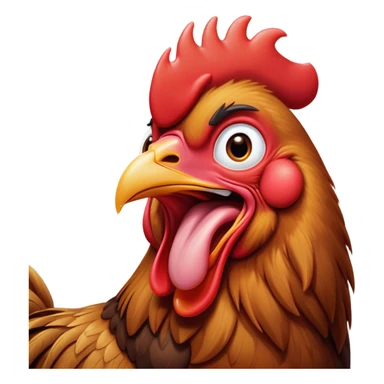 Cinematic Cute Yawning Brown Rooster Portrait Emoji, Head tilted slightly with a dramatic, wide-open yawn, showcasing a soft, downy brown plumage with a subtle red comb and drooping wings, round warm eyes barely open in drowsy contentment, Simplified yet irresistibly adorable features, highly detailed, glowing with a soft, cozy glow, high shine, relaxed yet expressive, stylized with a touch of whimsy, bright and endearing, soft glowing outline, capturing the essence of a sleepy yet affectionate rooster, so drowsy it feels like it could stretch out of the screen and curl up for a nap! sticker