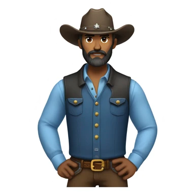 a rugged cowboy with a thick beard, wearing a blue vest over a classic western shirt. He should have a confident stance, showing full torso sticker