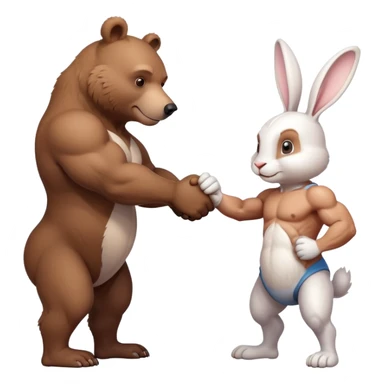 create one brown bear and one white rabbit with muscle body doing a handshake sticker