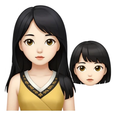 Dress in Korean style, Yellowish white skin, dark brown eyes, long black hair down to the navel, cut in layers, side-swept bangs.  sticker
