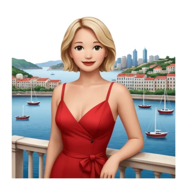 jennifer lawrence, red dress leaning on a balcony with a harbor and cityscape in the background, smiling, closeup sticker