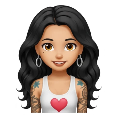 a pretty tan bratz girl with long wavy black hair, wearing a white tank top. with full tattoos sticker