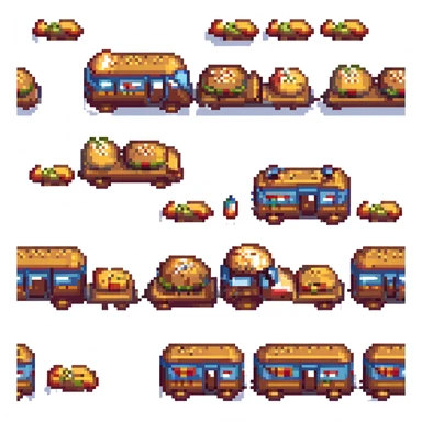 pixel art hamburger train, pixelated burger buns as train cars, retro video game style sticker