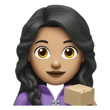 A woman dark hair, long hair, holding a Lego   sticker