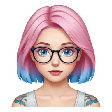 Hyper Realistic model, pale woman, pink balayage hair, blue eyes and glasses, shoulder tattoo  sticker