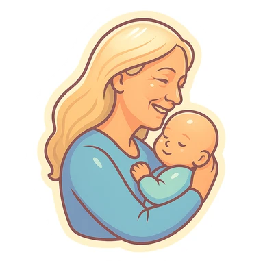 mature woman with long light hair holding a baby in her arms, smiling, side view, close-up, thin clean outlines, soft rounded shapes, pastel palette, retro sticker aesthetic, detailed shadows and highlights, soft lighting sticker