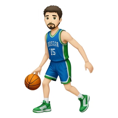 Full Body white male basketball player with short dark shaggy hair and goatee wearing blue and green uniform sticker