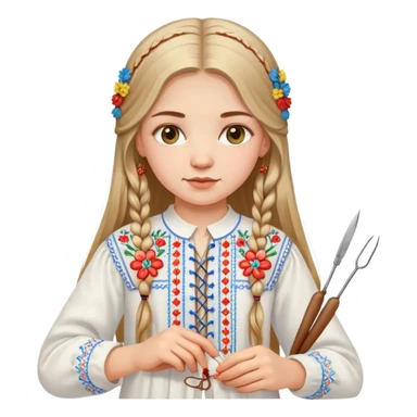 Ukrainian young girl with long hair wearing a white embroidered traditional shirt (vyshyvanka) holding sewing tools like a needle and thread sticker