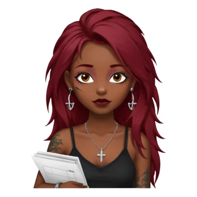 generate an ios genmoji of a girl with long dark red messy hair with eyeliner on her eyes.  septum piercing, wearing a cami black top, has tattoos, on shoulders. ear piercings. wearing a cross silver necklace. carrying a tote bag on her shoulders with chart paper peeking out. sticker