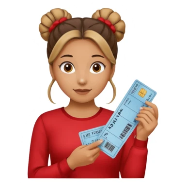 A girl with a bun of hair, wearing a red long-sleeved shirt and holding theater tickets sticker