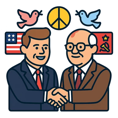 John F. Kennedy and Mikhail Gorbachev side by side, smiling, shaking hands, small peace symbol and doves, US and USSR flags as accents, friendly diplomatic atmosphere sticker