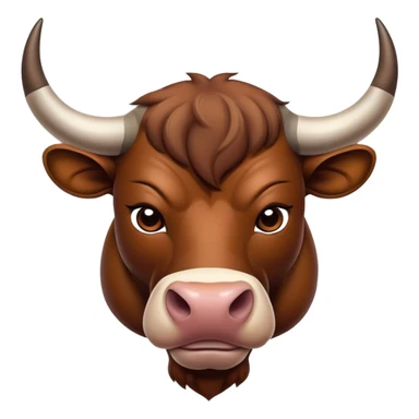 Cinematic Noble Brown Bull Portrait Emoji, Poised and regal, with a massive, muscular build and a sleek, well-groomed rich brown hide, deep-set soulful dark eyes, Simplified yet sharp and sophisticated features, highly detailed, glowing with a soft, dignified glow, high shine, intelligent and formidable, stylized with an air of strength, focused and attentive, soft glowing outline, capturing the essence of a watchful and confident guardian, so majestic it feels as though it could charge out of the screen with effortless authority! sticker