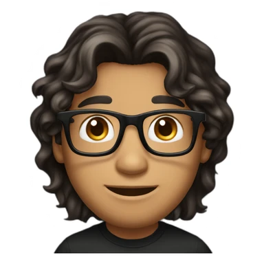 Caramel smiling man, dark brown eyes, black long wavy hair, no facial hair, thin and long nose, round glasses, black t shirt sticker
