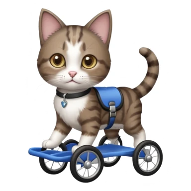 full body small short hair dark brown and white cat with hazel eyes walking in a wheelchair for cats sticker