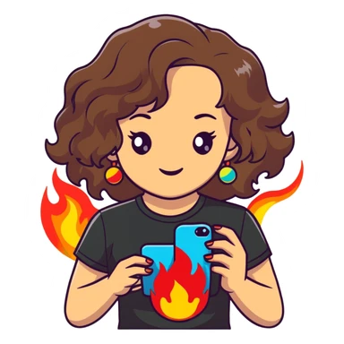 brunette girl with wavy medium length hair, brown eyes, light/medium skin tone, holding iPhone and light phone, wearing black tee shirt with flames on it and colorful beaded charm necklace sticker
