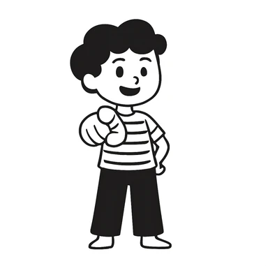 Edit the image of the boy in the doodle style to have him pointing toward the viewer, keeping the same character details and doodle style as the original. sticker
