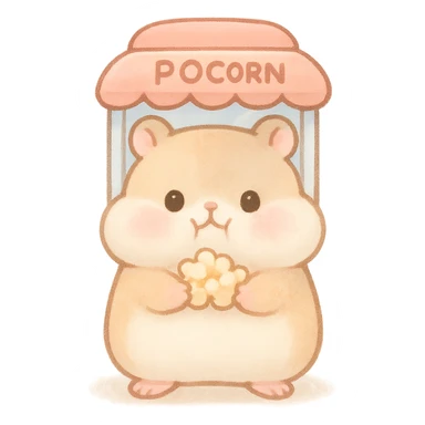 kawaii popcorn machine soft fluffy hamster with puffed cheeks, holding popcorn, soft pastel colors, full-body sticker