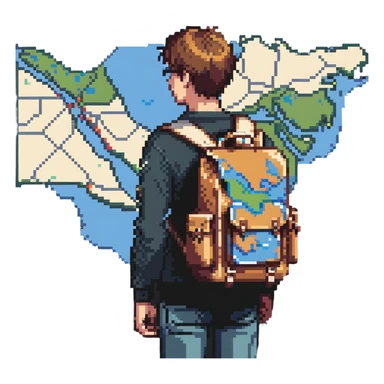 confused traveler with backpack looking at map sticker