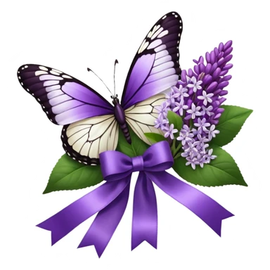 Hyperrealistic, mirco-detailed, vivid and bright purples mixed with white, bouquet of lush lilacs, with a deep dark silk ribbon and small metallic butterfly embellishment attached, flat layout across from top right to bottom left, still life, isolated render sticker