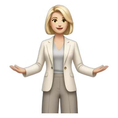 Full height Actively gesturing with hands pale skin woman with ash blonde Straightened bob Hair, White Spacious classical jacket, beige palazzo Arrow pants and gray blouse sticker