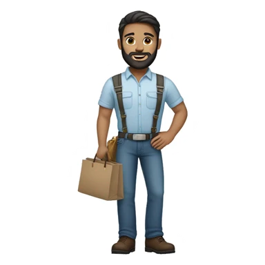 White engineer with black beard and white helmet wearing light blue blouse and dark jeans and brown shoes holding bags sticker