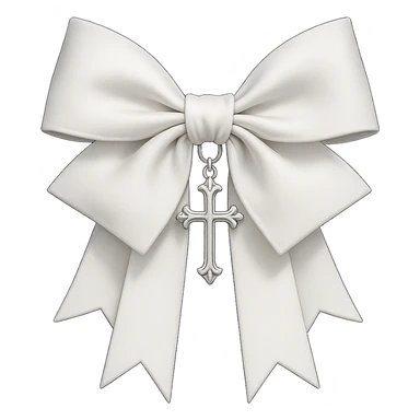 Edit the image to depict a white gothic bow with layered ribbons and a cross pendant, in a general style. Remove the background. sticker
