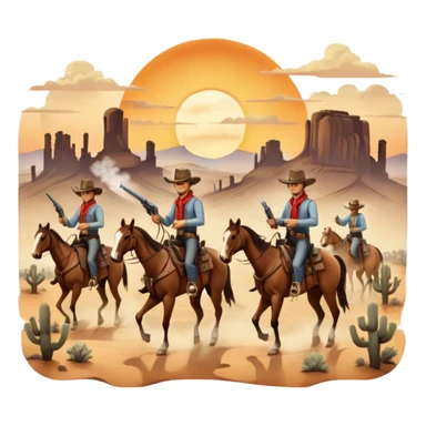 Icon for Western: A vintage movie poster-style design with cowboys on horseback, dusty desert landscape, and a setting sun. Include cowboy hats, revolvers, and an old saloon. The design should have bold typography and a retro cinematic feel. Transparent background. sticker