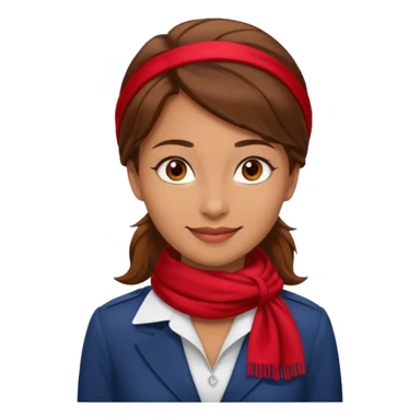 Female flight attendant, with red scarf, white shirt, brown hair, brown eyes, iOS emoji-type face sticker